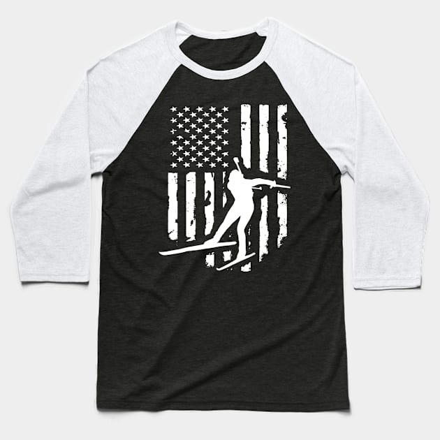 American USA Flag Nordic Ski Baseball T-Shirt by luckyboystudio